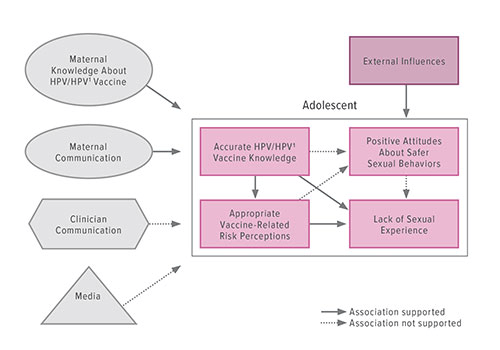 Fig A:  This diagram demonstrates the factors that affect accurate adolescent knowledge about human papilloma virus (HPV), the HPV vaccine, and vaccine-related risk perceptions.  